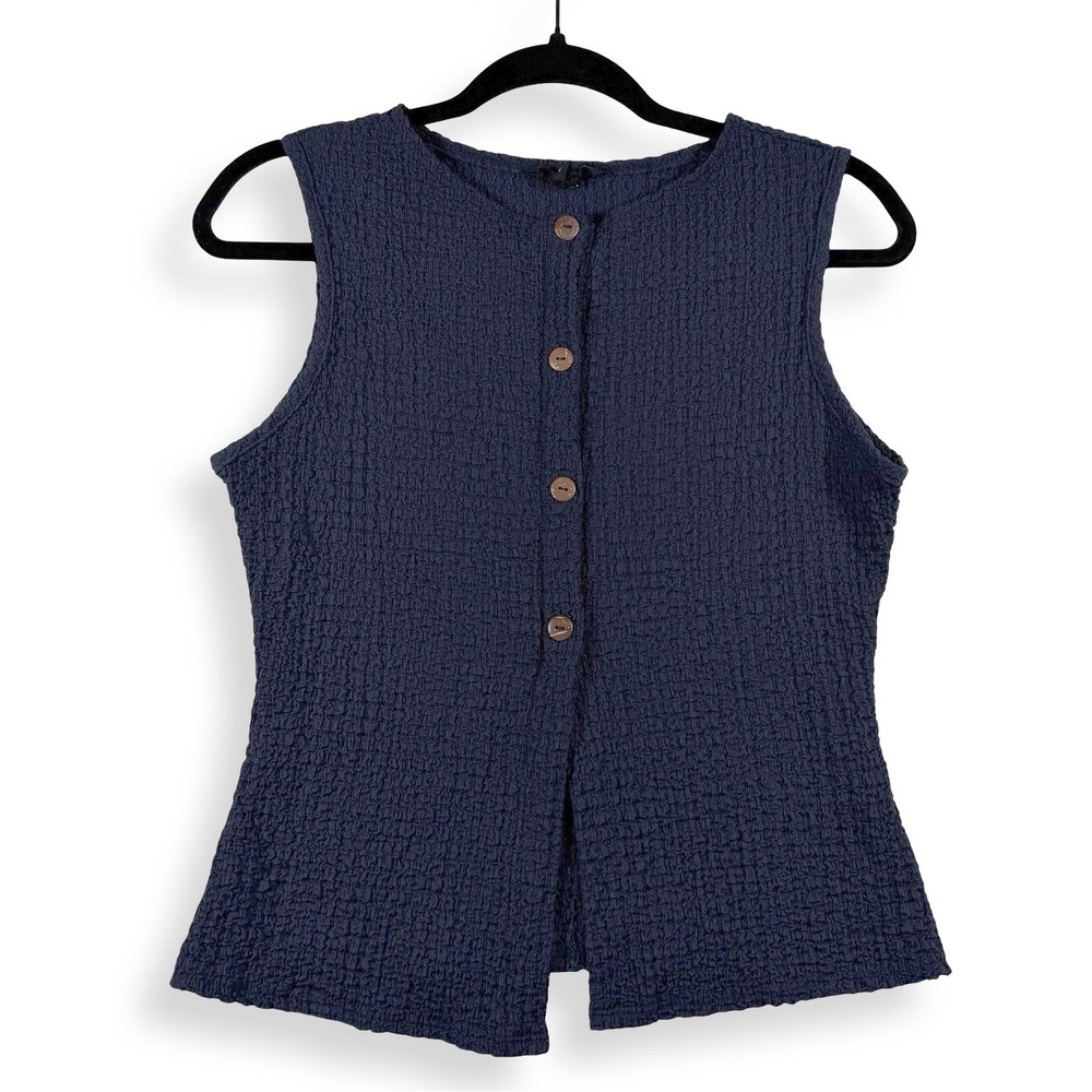 Womens XL Navy Blue Popcorn Crinkle Stretch Button Front Sleeveless Textured Top
